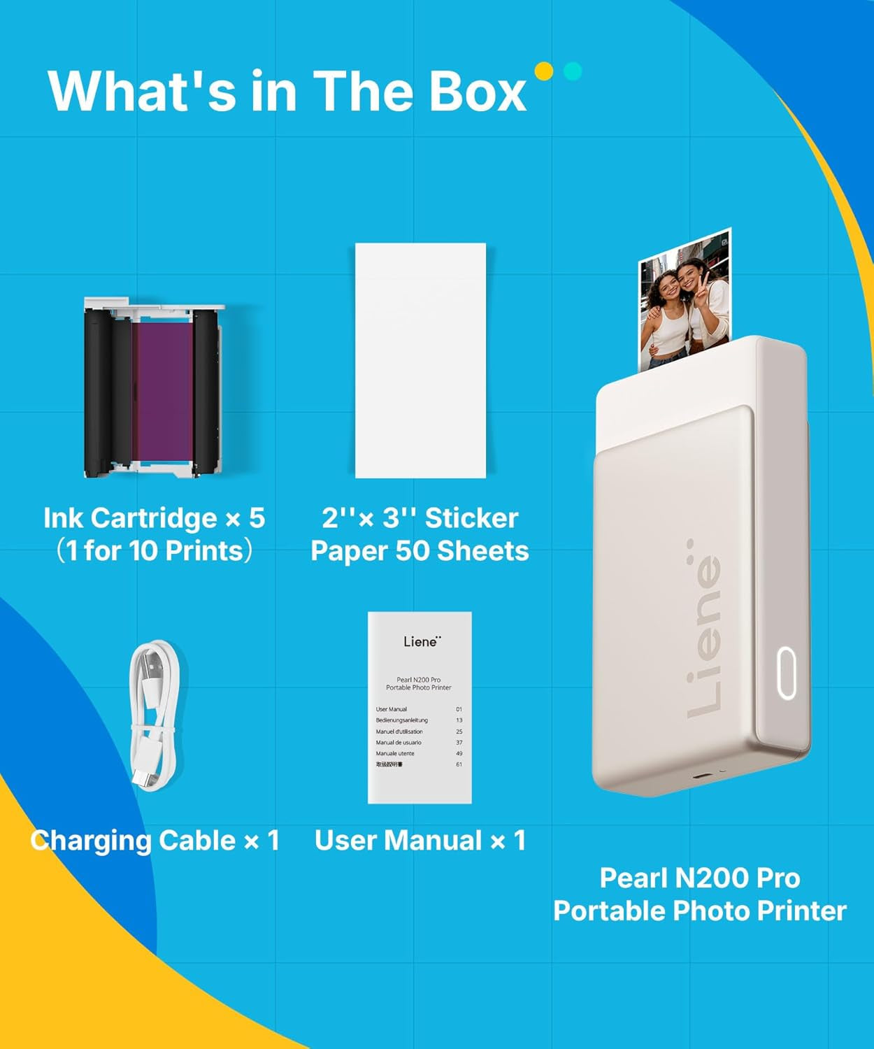 Liene Pearl N200 Pro Portable Photo Printer, Instant Mini Picture Printer for Iphone Smartphone, Thermal Dye Sublimation, Bluetooth Sticker Printer 50 Sheets 2X3 Adhesive Paper & 5 Cartridges, Gold