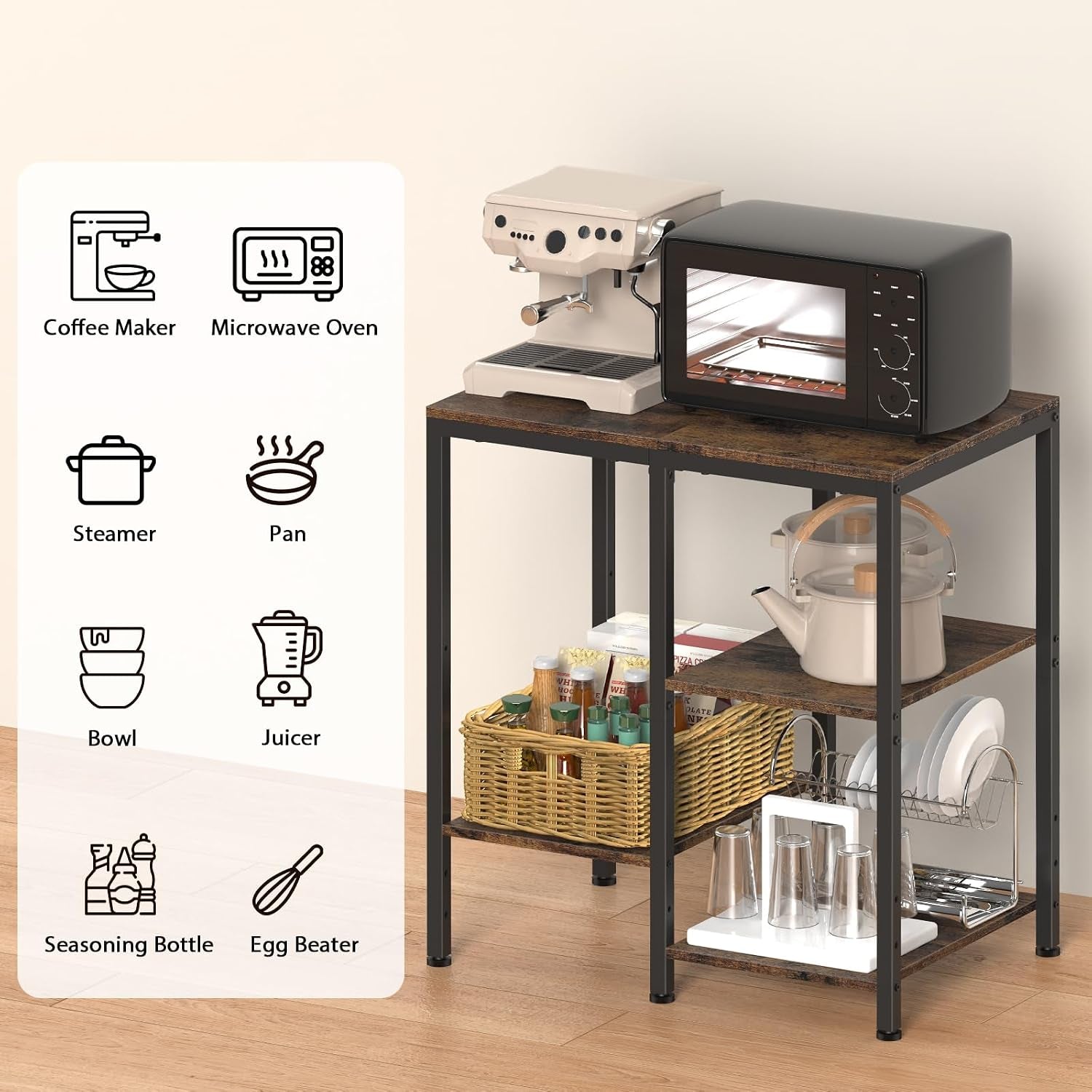 OGEMXU Kitchen Microwave Stand,4-Tier Adjustable Microwave Cart, Brown | Storage Shelf Rack,Open Storage Design for Spices, Pots Small Side Table,Coffee Cart for Living Room Office, Balcony