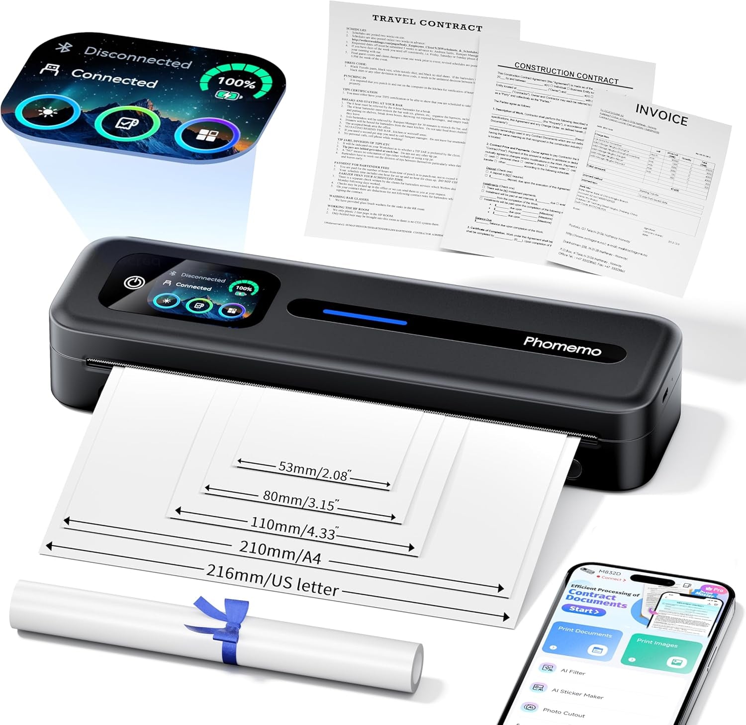 Phomemo Upgraded Portable Printer with Touchscreen for Travel, M832D Thermal Inkless Mobile Printer Supports 8.5"X11" US Letter & A4, Compatible with Ios, Android, PC, Valentine Gifts for Men & Women