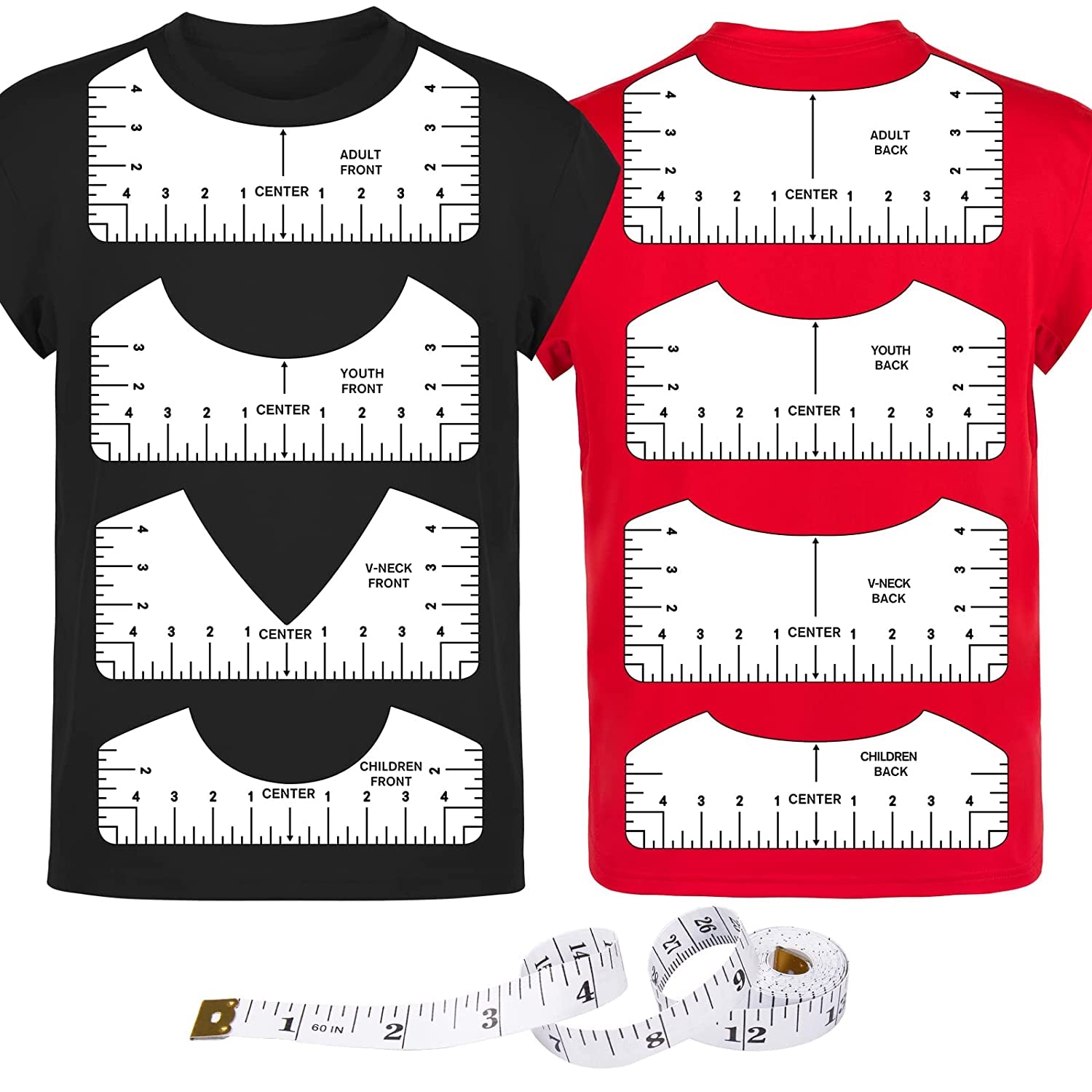 9Pcs Tshirt-Ruler Guide to Center Vinyl, Transparent V-Neck/Round PVC Ruler for Alignment, Heat Press, Children Youth Adult, Front and Back Measurement (10In)