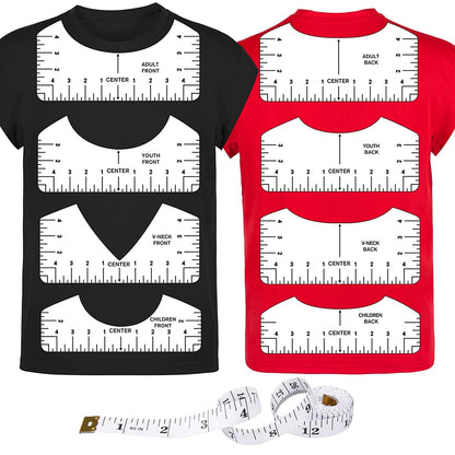 9Pcs Tshirt-Ruler Guide to Center Vinyl, Transparent V-Neck/Round PVC Ruler for Alignment, Heat Press, Children Youth Adult, Front and Back Measurement (10In)