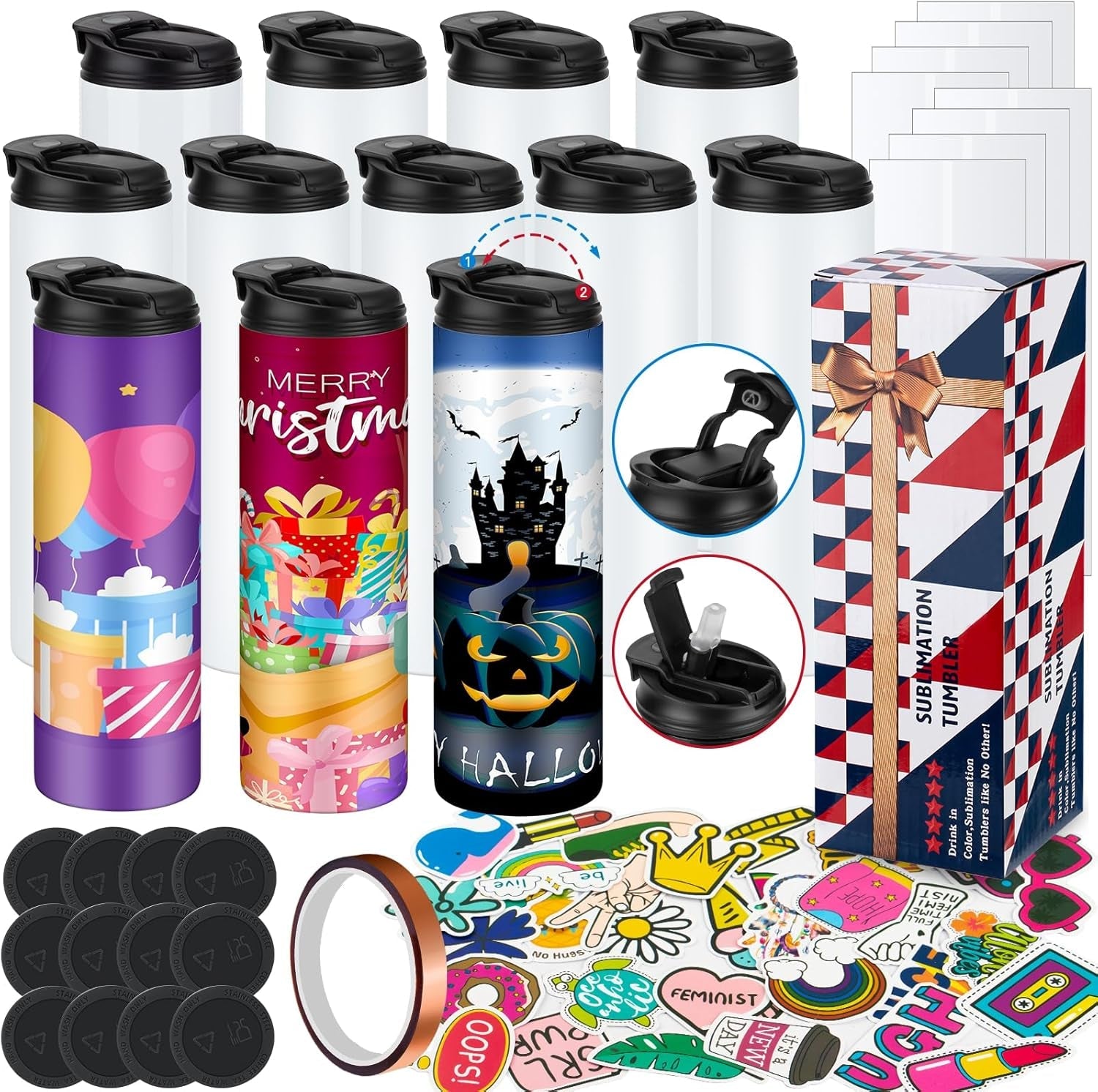 8 Pack 20 Oz Sublimation Tumblers Dual Opening Blank Bottles Triple-Insulated Stainless Steel Water Bottle with Straw Lid Blank Tumbler Bulk with Shrink Wrap, Rubber Base, Heat Tape for Heat Transfer