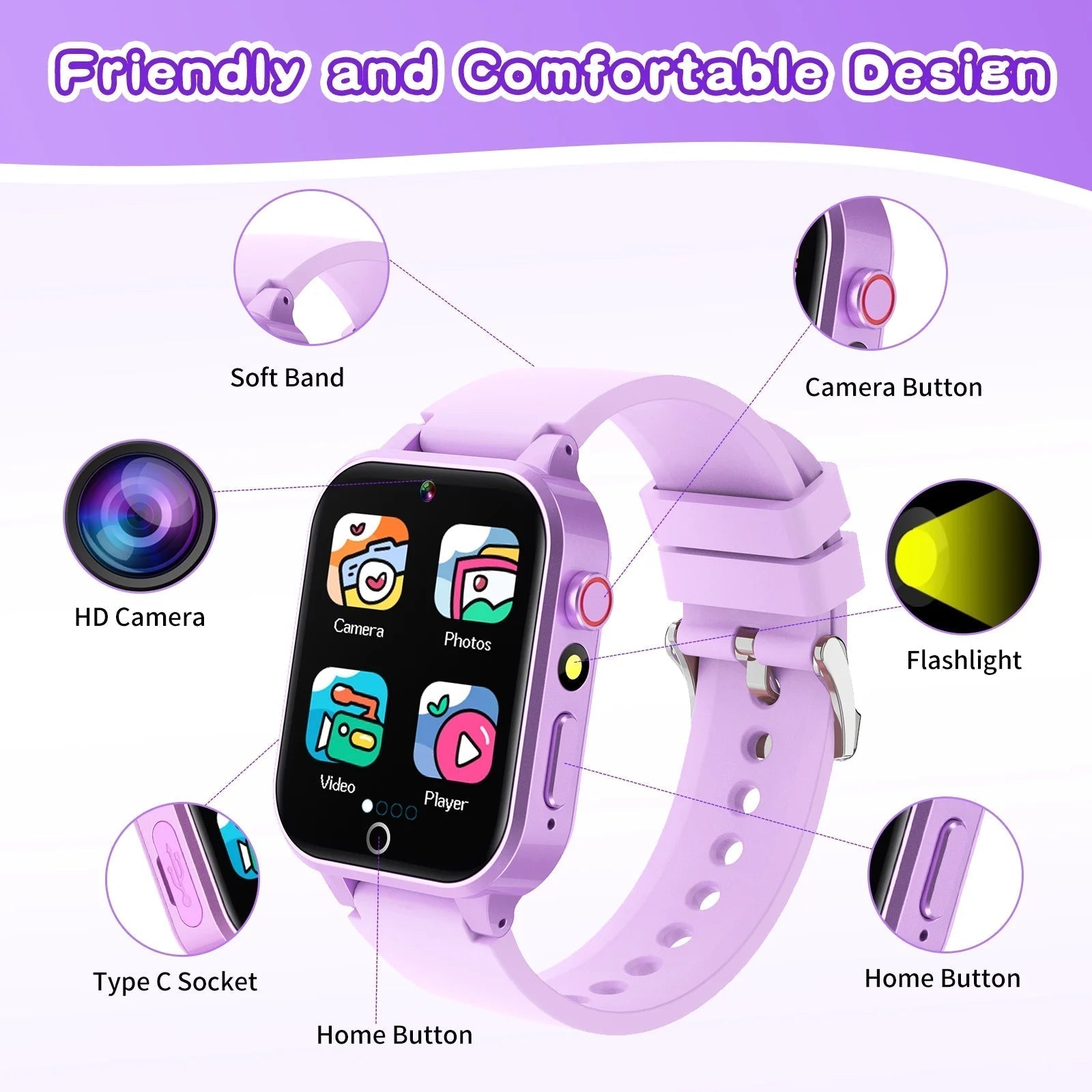 1.54" Smart Watch for Girls Smart Watch for Kids with Camera Games Pedometer Video MP3 Flashlights Calculator Alarm Clock Children Touch Screen Purple