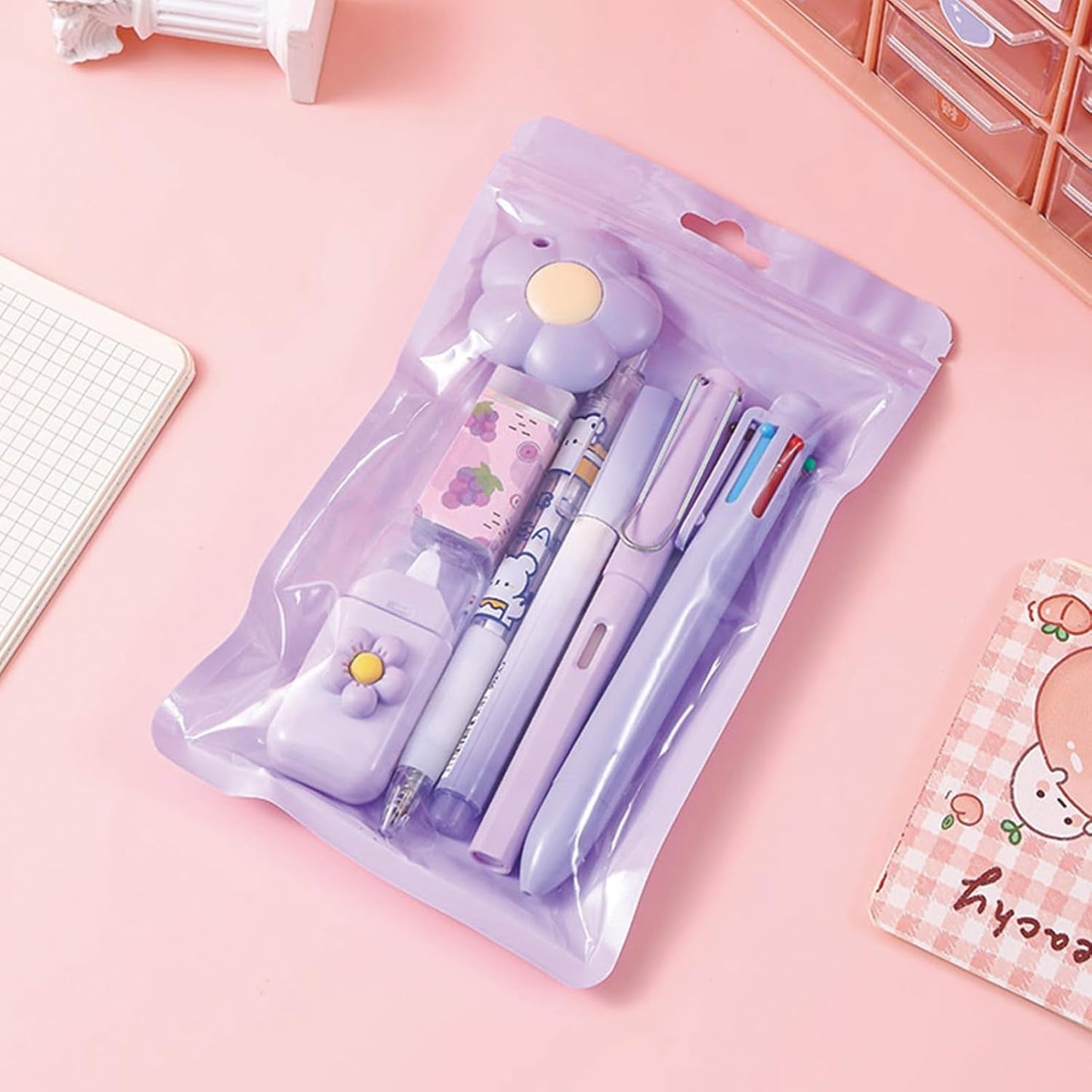 7 Pcs Cute Purple Stationery Set Kawaii School Supplies Office Supplies Including Ballpoint Pens Pencil Sharpener Highlighter Correction Tape Ruler Utility Knife (Purple)