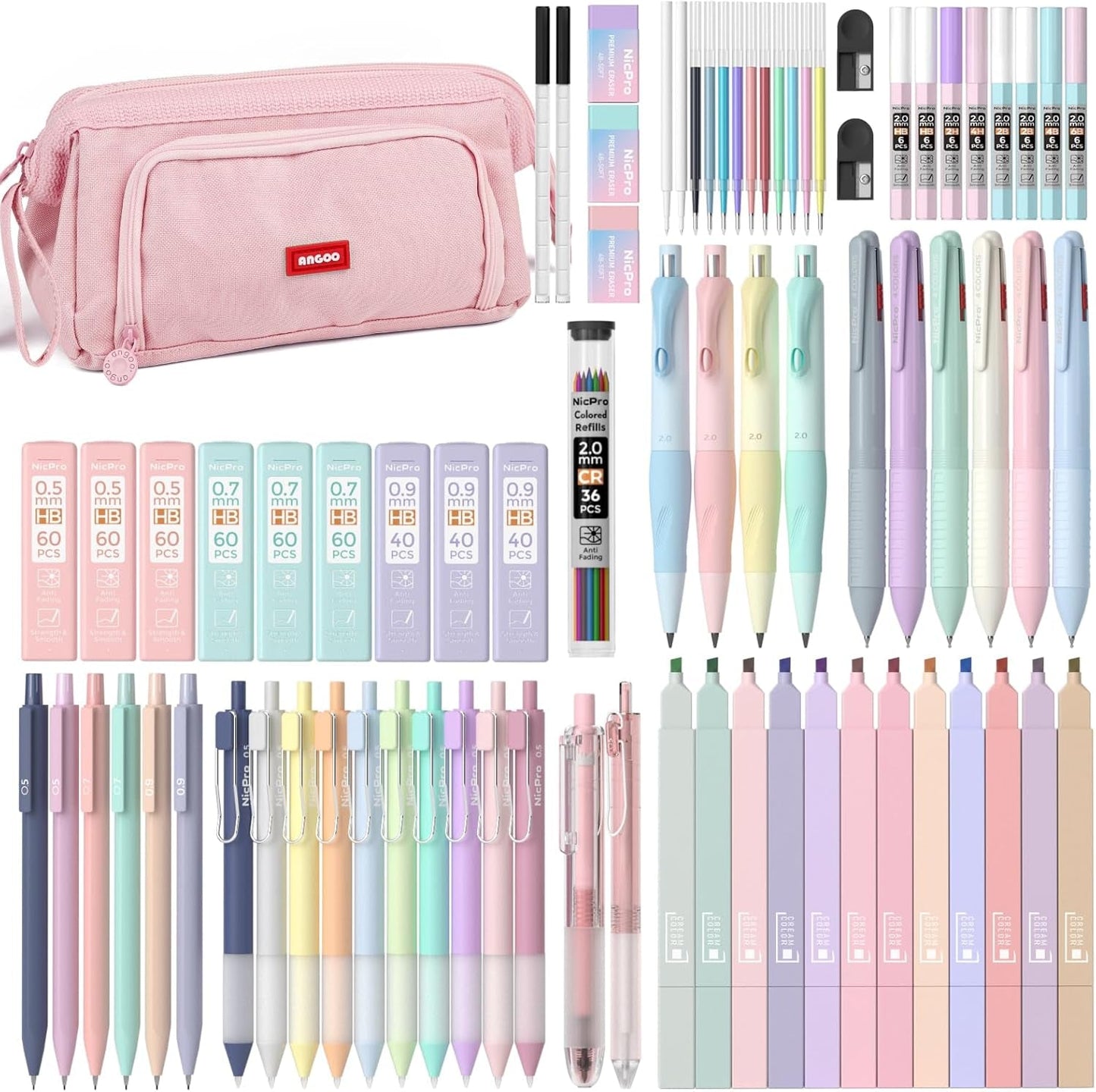Nicpro 78 PCS Aesthetic School Supplies with Cute Pen Case, 12 Pastel Highlighters, 12 Color & Black Ink Gel Pens, 10 Mechanical Pencils 0.5, 0.7, 0.9, 2.0 Mm, 6 Multicolor Pen for Student Stationary
