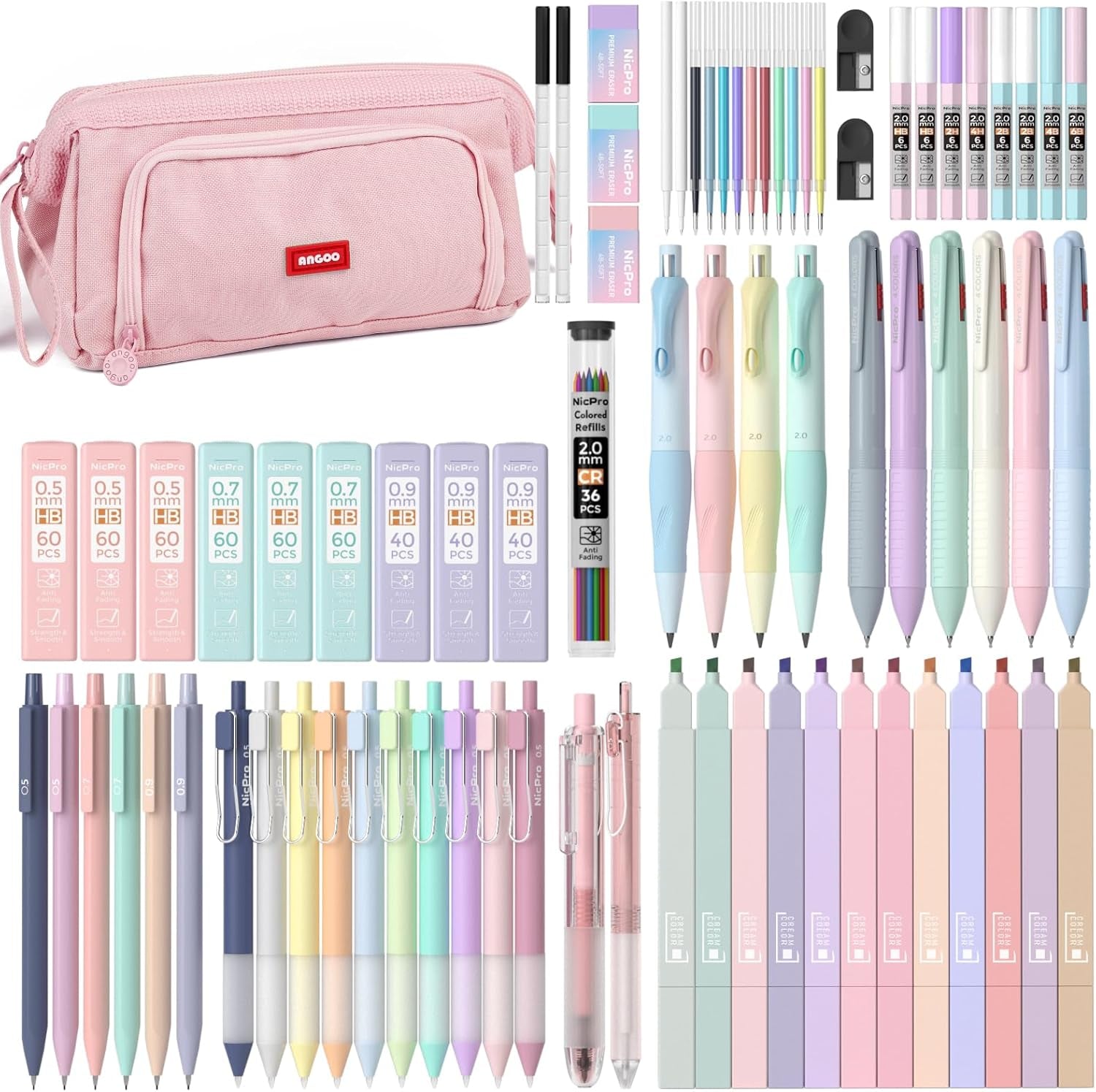 Nicpro 78 PCS Aesthetic School Supplies with Cute Pen Case, 12 Pastel Highlighters, 12 Color & Black Ink Gel Pens, 10 Mechanical Pencils 0.5, 0.7, 0.9, 2.0 Mm, 6 Multicolor Pen for Student Stationary