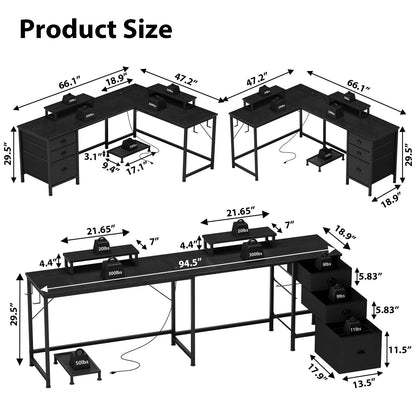 L Shaped Computer Desk, Reversible Gaming Desk with Drawers, Corner Desk with Storage Shelves & Monitor Stand, Home Office Desk Workstation, Black