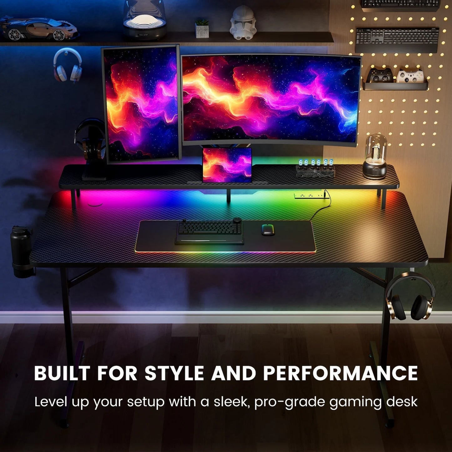 Lumina Elite LED Gaming Desk with USB and Power Outlets, for Home and Office, Monitor Stand and Wireless Charging, Black