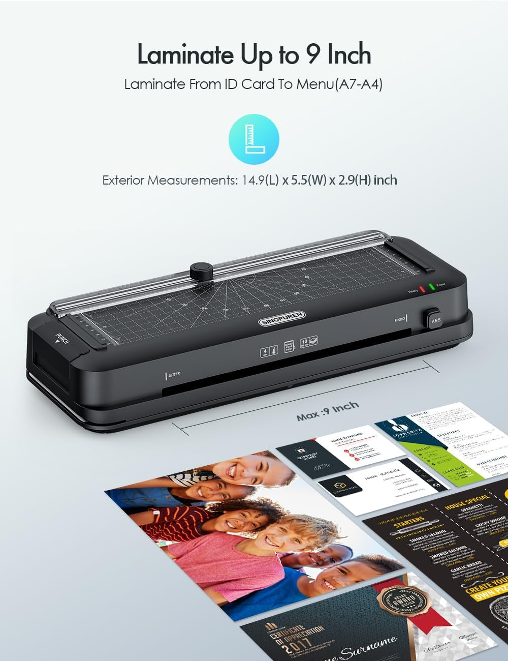 9-Inch Laminator Machine for Teachers & Home – All-In-One Jam-Free Laminator with Paper Trimmer, 2-Hole Punch, Corner Rounder, Fast 3-Min Warm-Up, 10 Pouches for School, Crafts & Office