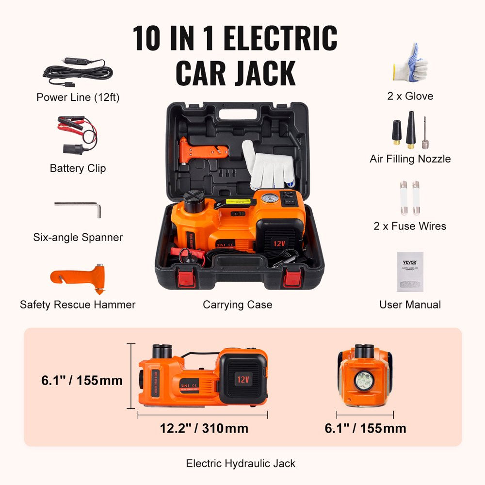 Electric Car Jack, 5 Ton 12V Electric Hydraulic Car Floor Jack with Built-In Tire Inflator Pump for SUV Sedans