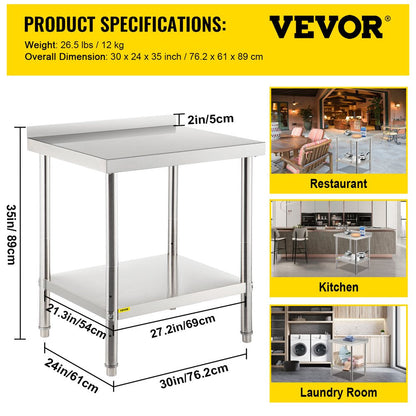 Stainless Steel Prep Table, 30 X 24 X 35 Inch, 440Lbs Load Capacity Heavy Duty Metal Worktable with Backsplash and Adjustable Undershelf, Commercial Workstation for Kitchen Restaurant