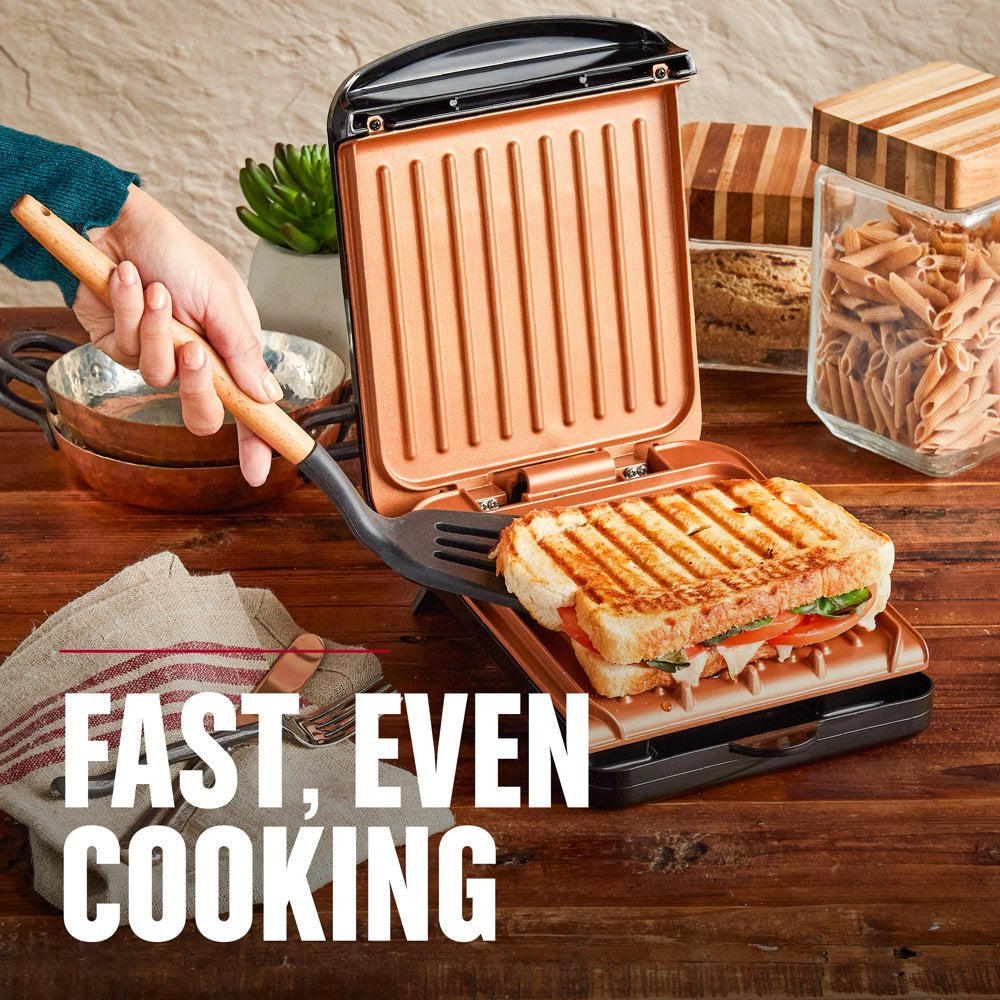 Electric Indoor Grill and Panini Press, Black with Copper Plates, Serves 2, Classic Plate, Grs040-Series