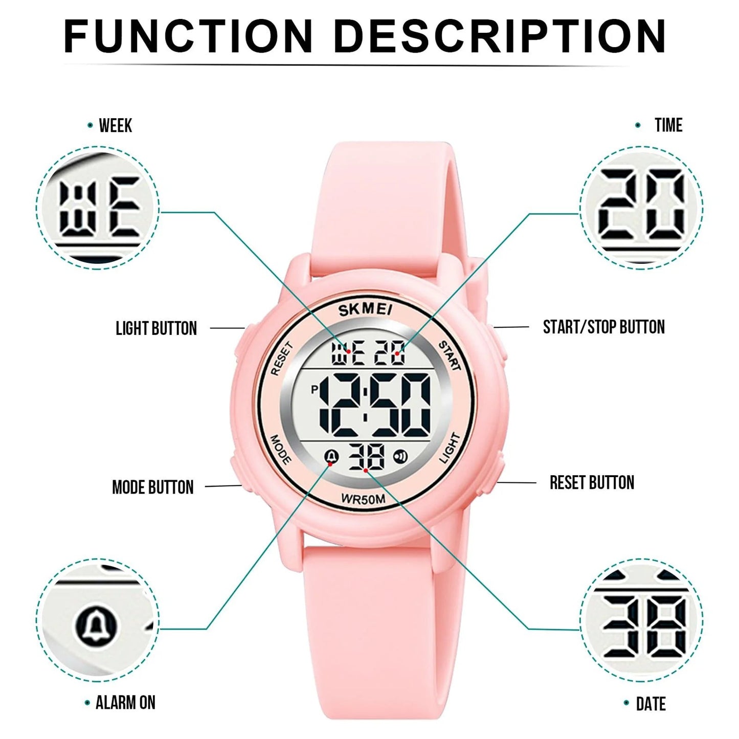 Kids Digital Watch, 50M Waterproof Sport Watch for Kids Girls Boys, Multifunction Luminous Watches Birthday Christmas Gifts for Children 5-7-10-12-Year-Old, Pink