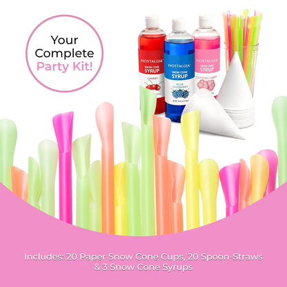 Nostalgia Premium Snow Cone Syrup Party Kit, 20 Snow Cones, 20 Spoons/Straws, Blue Raspberry, Cherry, Cotton Candy