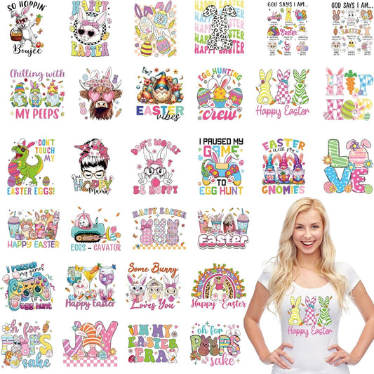 Happy Easter DTF Transfers Ready to Press, 30 PCS Cute Bunny & Gnome Iron-On Decals, Festive Holiday Heat Transfer Vinyl for T-Shirts, Easter Baskets, and DIY Crafts