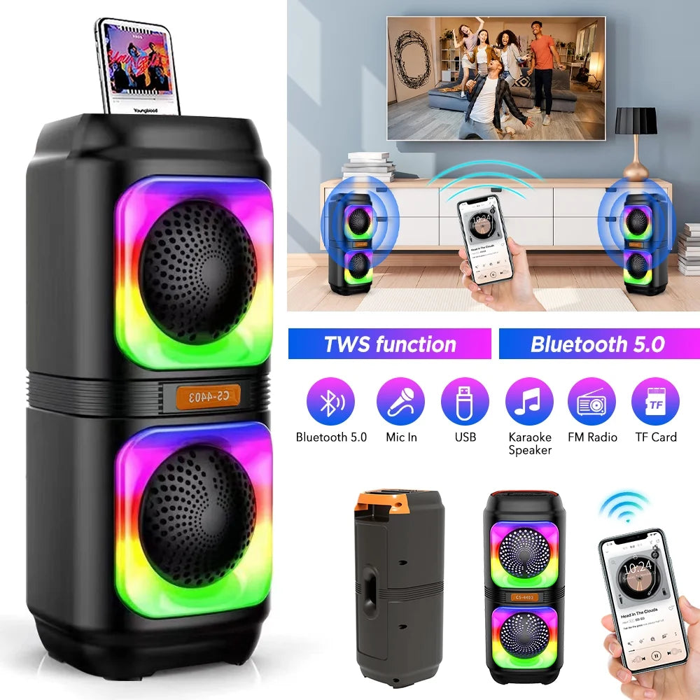 Portable Dual 4'' Speakers Bluetooth Speaker, Party Stereo Subwoofer RGB Lights Karaoke Heavy Bass with Mic (Optional),Support TWS/AUX/USB/TF Card Ideal for Party,Home,Camping