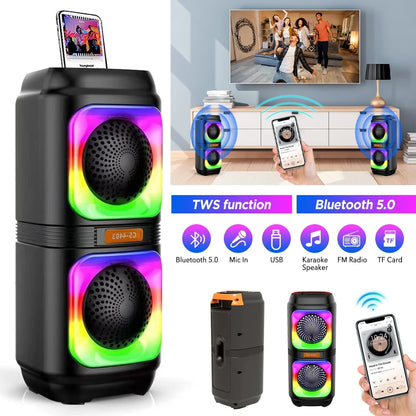 Portable Dual 4'' Speakers Bluetooth Speaker, Party Stereo Subwoofer RGB Lights Karaoke Heavy Bass with Mic (Optional),Support TWS/AUX/USB/TF Card Ideal for Party,Home,Camping