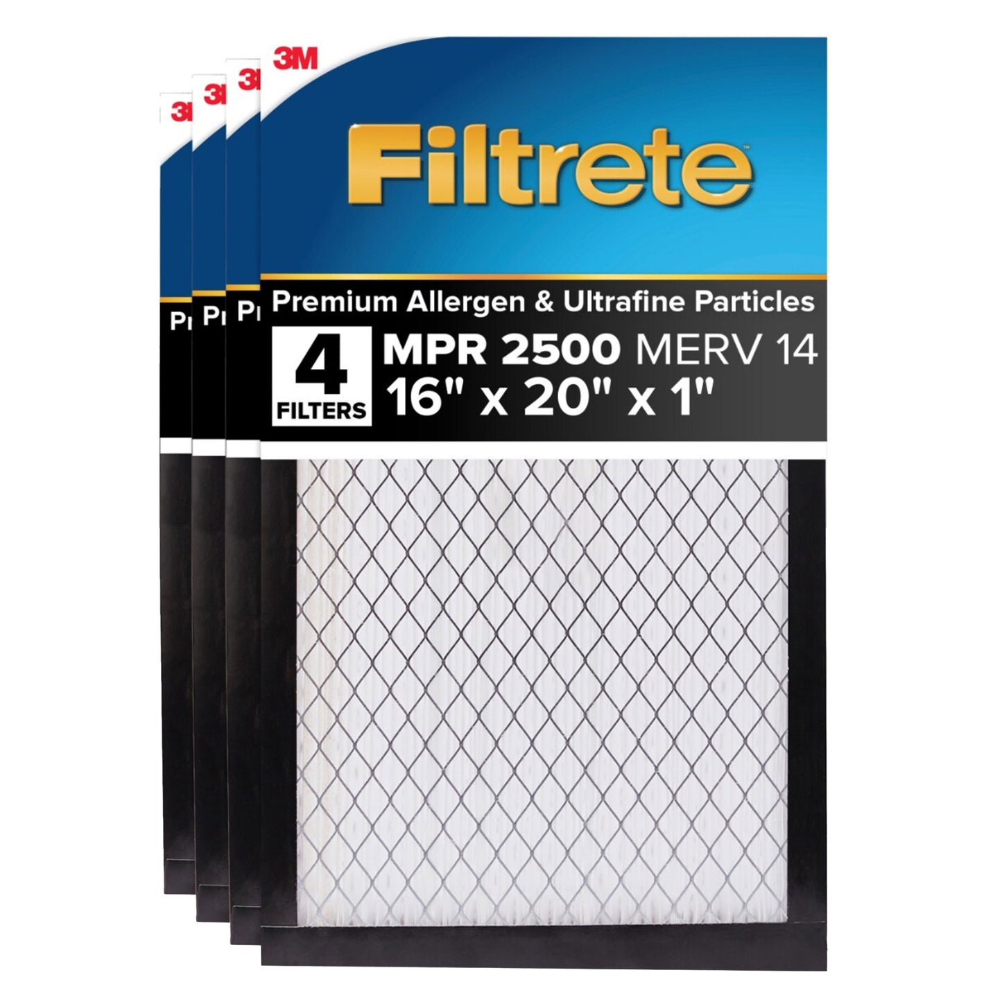 Filtrete Air Filter 1”, MPR 2500 MERV 14, High Performance Premium Allergen, Ultrafine Particles, Bacteria and Virus Filter, 4-Pack