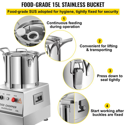 110V Commercial Food Processor 15L Stainless Steel Grain Grinder 1400W Electric Food Grinder Cutter Mixer Perfect for Meat or Vegetable Stuffing, Fruit or Peanut Jam, Grain Powder