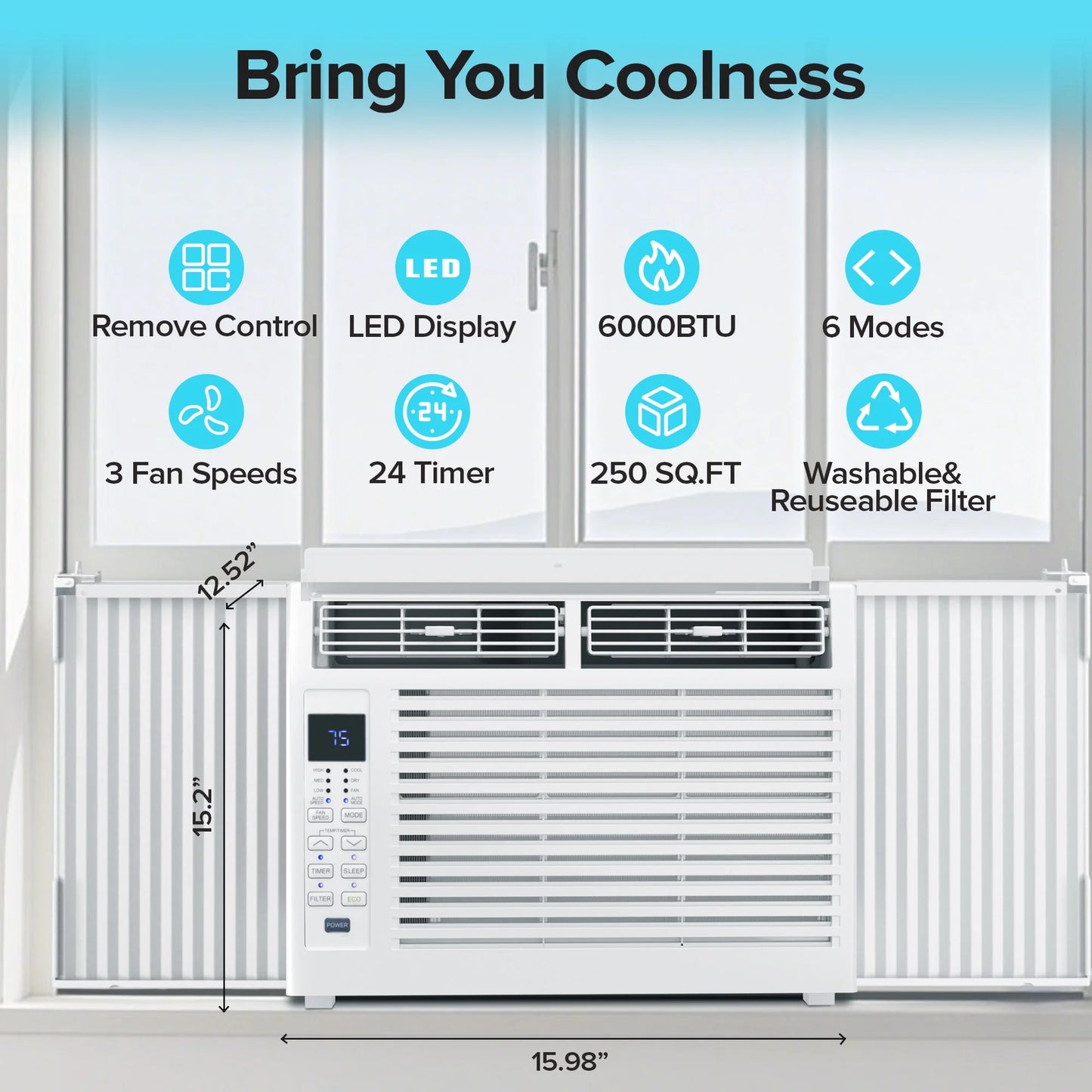 6,000 BTU Window Air Conditioner with Remove Control , for Room AC Unit Air Conditioner Easy Installation, Cools up to 250 Sq. Ft