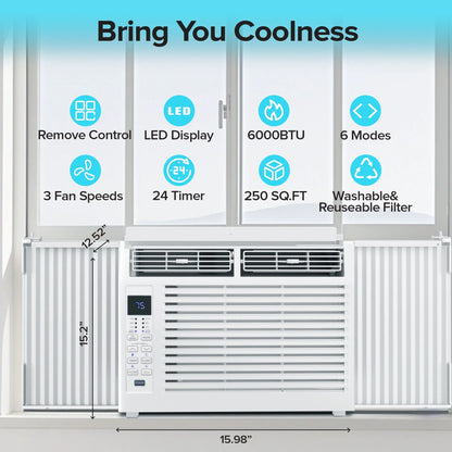 6,000 BTU Window Air Conditioner with Remove Control , for Room AC Unit Air Conditioner Easy Installation, Cools up to 250 Sq. Ft