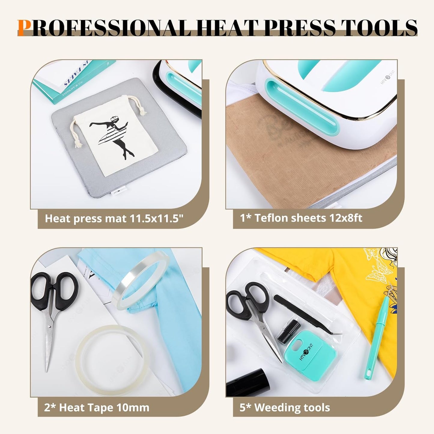 Heat Press Accessories for 10" X 10" Heat Press Machine, Include 3 HTV Vinyl & 150 Sublimation Paper, 20 Heat Transfer Paper, Heat Press Mat, Teflon Sheet, Heat Resistant Tape, Weeding Tools
