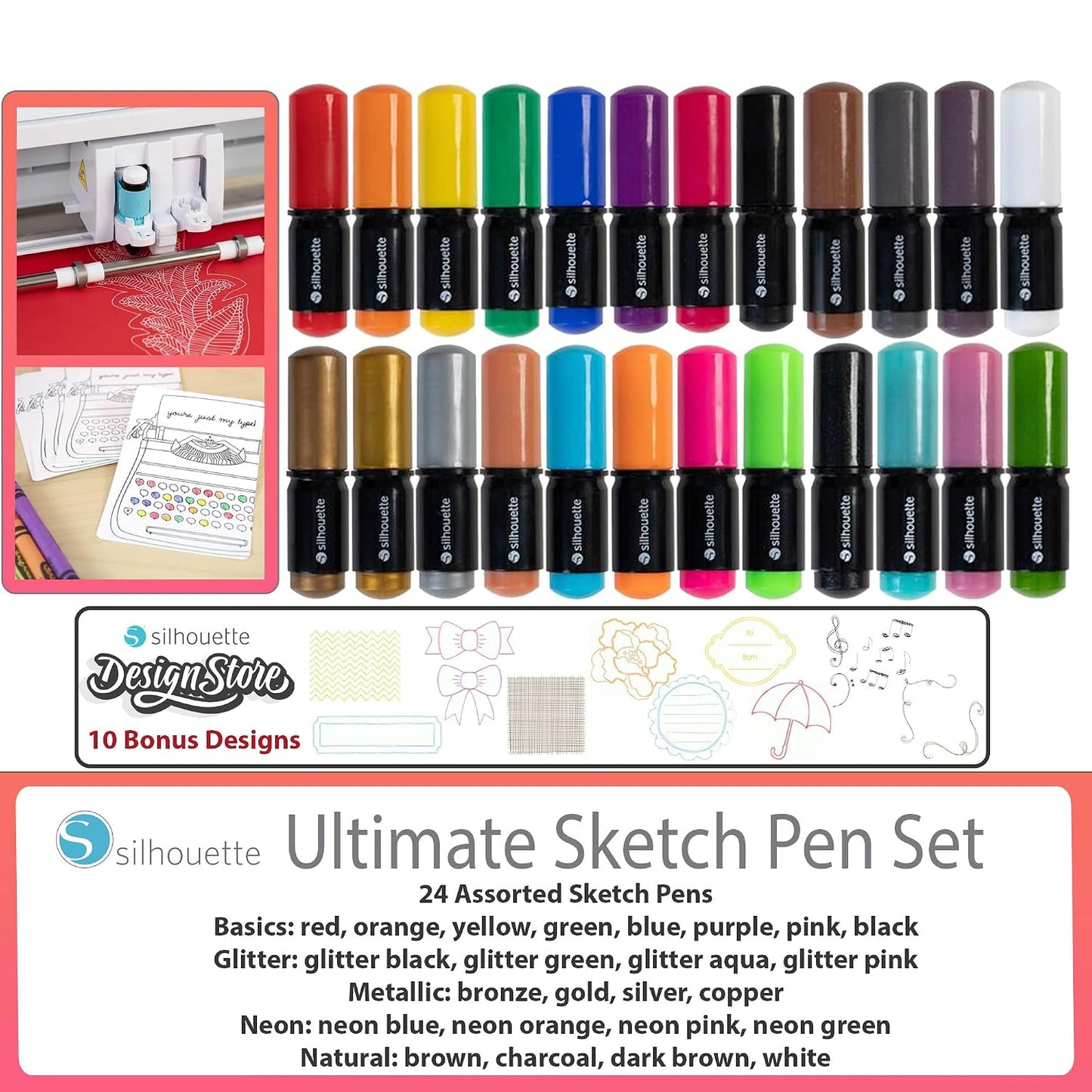 Cameo 5 Bundle with Vinyl and Heat Transfer Starter Kits, 24 Pack of Pens, Tool Kit, Start up Guide with Extra Designs (Matte Black)