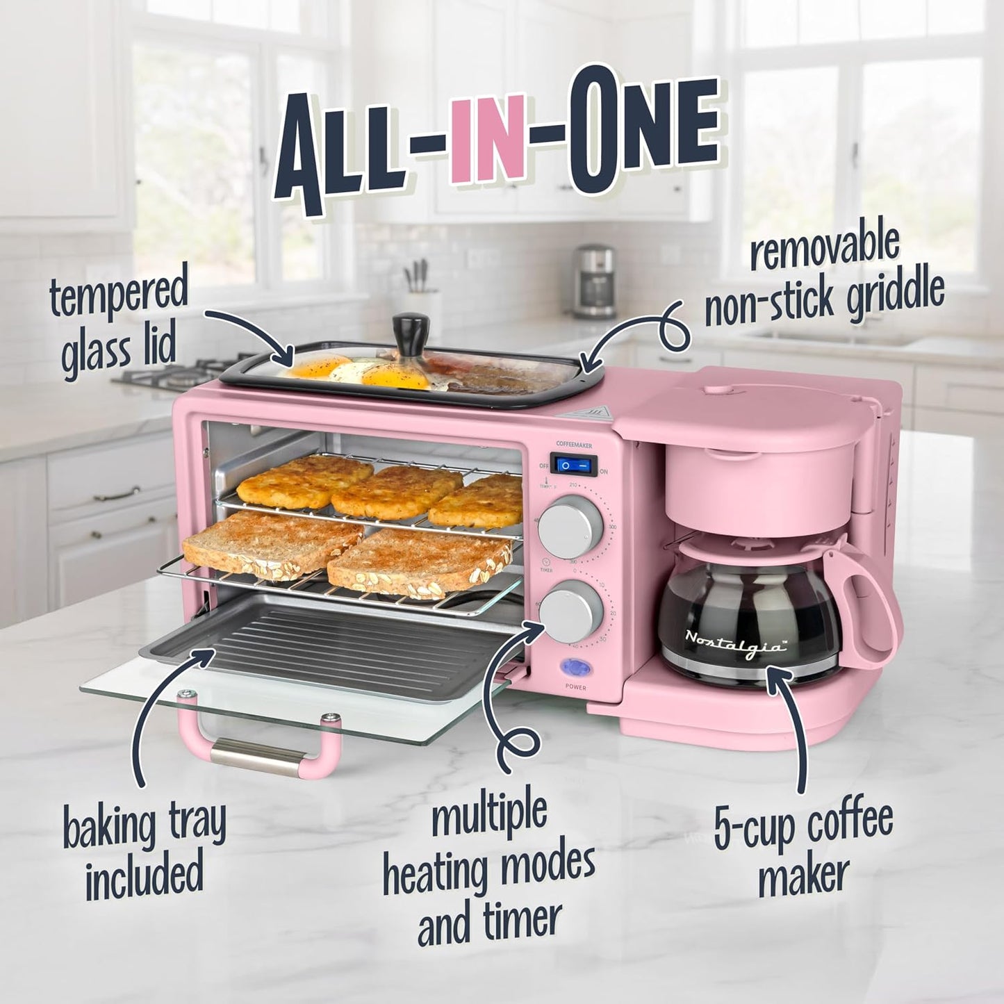 Nostalgia 3-In-1 Retro Breakfast Station - Includes 5 (4 Oz) Cup Coffee Maker, Non-Stick Ceramic Griddle, and 4-Slice Toaster Oven - Built-In Timer, Reusable Coffee Filter, Space-Saving Design - Pink