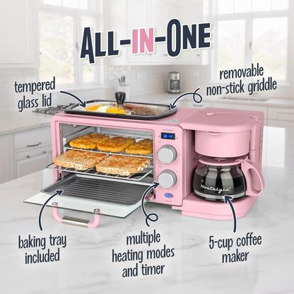 Nostalgia 3-In-1 Retro Breakfast Station - Includes 5 (4 Oz) Cup Coffee Maker, Non-Stick Ceramic Griddle, and 4-Slice Toaster Oven - Built-In Timer, Reusable Coffee Filter, Space-Saving Design - Pink