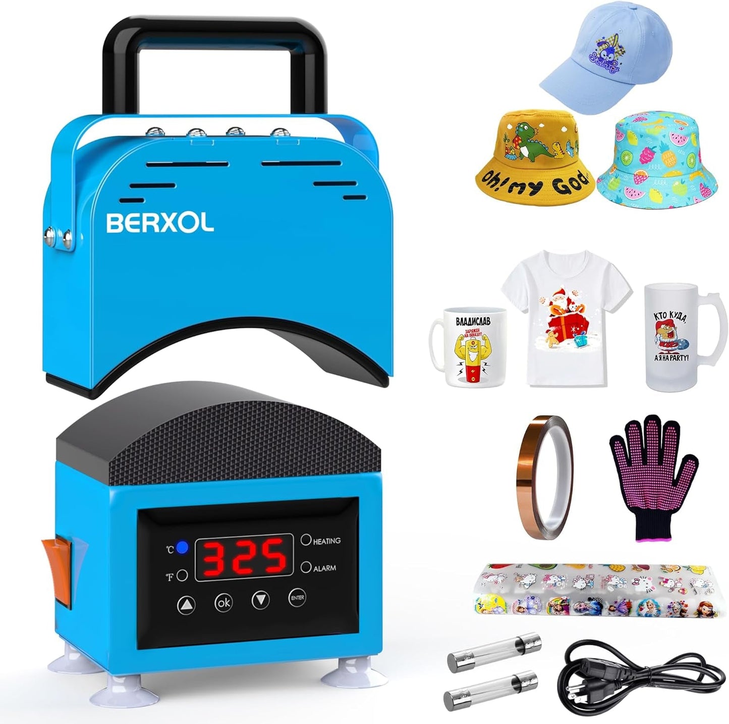 Hat Press,Hat Press Heat Machine for Caps, Curved Heat Plate，Precise Temperature & Timer Control for Easy Operation, Mini Hat Heat Press for Hats, Bags and Socks (Azure Blue)