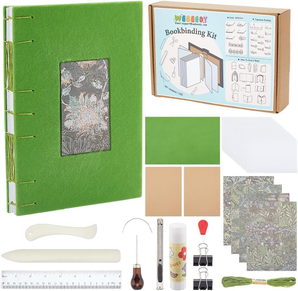 WEBEEDY Coptic Stitch Bookbinding Kit Green Bookbinding Starter Kit DIY Writing Journal Set Bookbinding Supplies for Adults Beginners Work Note Taking Travel Business Personal Diary,8X6/15X21Cm(A5)
