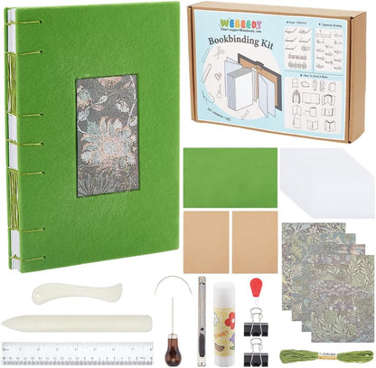 WEBEEDY Coptic Stitch Bookbinding Kit Green Bookbinding Starter Kit DIY Writing Journal Set Bookbinding Supplies for Adults Beginners Work Note Taking Travel Business Personal Diary,8X6/15X21Cm(A5)