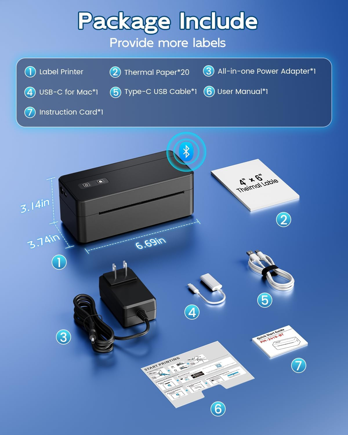 Bluetooth Thermal Shipping Label Printer, 4X6 Thermal Label Printer for Small Business, 2410BT Wireless Label Printers Compatible with Ios Android Phone&Pad&Pc, Widely Used for Ebay, USPS, Fedex, Etc