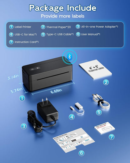 Bluetooth Thermal Shipping Label Printer, 4X6 Thermal Label Printer for Small Business, 2410BT Wireless Label Printers Compatible with Ios Android Phone&Pad&Pc, Widely Used for Ebay, USPS, Fedex, Etc