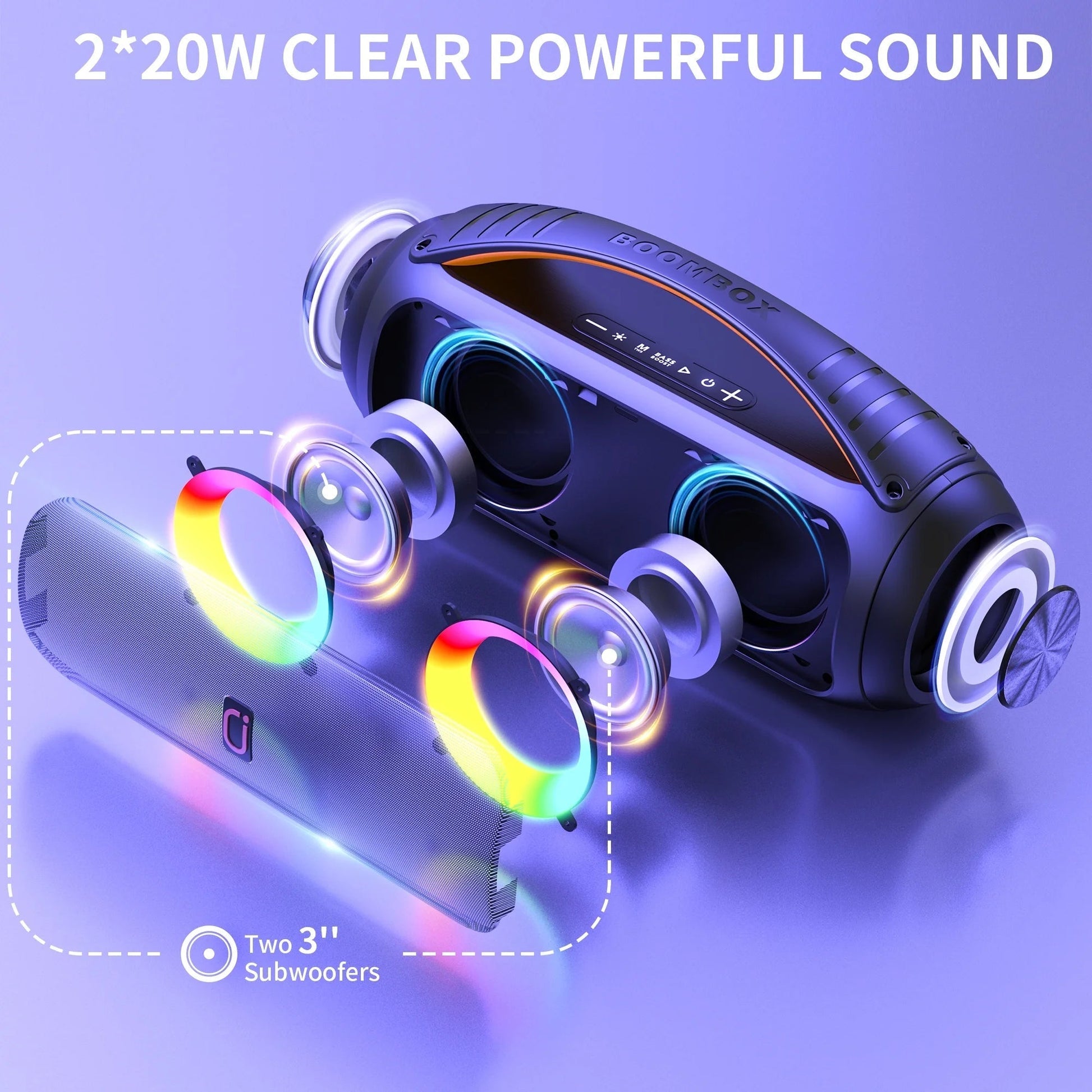 Waterproof Bluetooth Speaker, 40W Stereo Deep Bass, Portable Boombox Party Speaker, Remote Control, D16