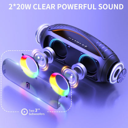 Waterproof Bluetooth Speaker, 40W Stereo Deep Bass, Portable Boombox Party Speaker, Remote Control, D16