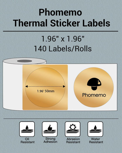 Phomemo Sticker Circle Labels- 1.96"X1.96"(50X50Mm) Thermal Label for M110/M221/M220/M120/M200, for Barcode/Address/Mailing/Logo/Business/Home Tag, Black on Golden