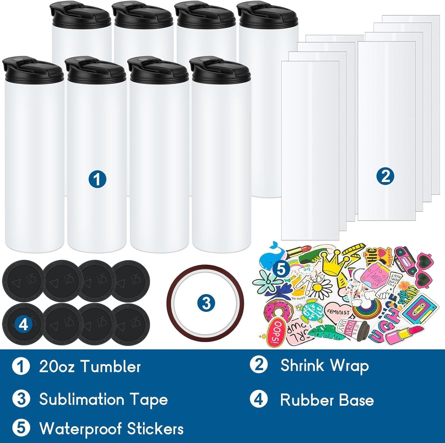 8 Pack 20 Oz Sublimation Tumblers Dual Opening Blank Bottles Triple-Insulated Stainless Steel Water Bottle with Straw Lid Blank Tumbler Bulk with Shrink Wrap, Rubber Base, Heat Tape for Heat Transfer