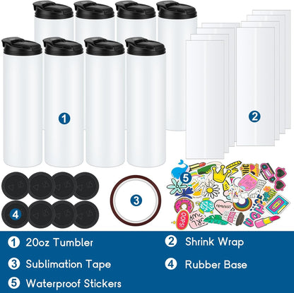 8 Pack 20 Oz Sublimation Tumblers Dual Opening Blank Bottles Triple-Insulated Stainless Steel Water Bottle with Straw Lid Blank Tumbler Bulk with Shrink Wrap, Rubber Base, Heat Tape for Heat Transfer