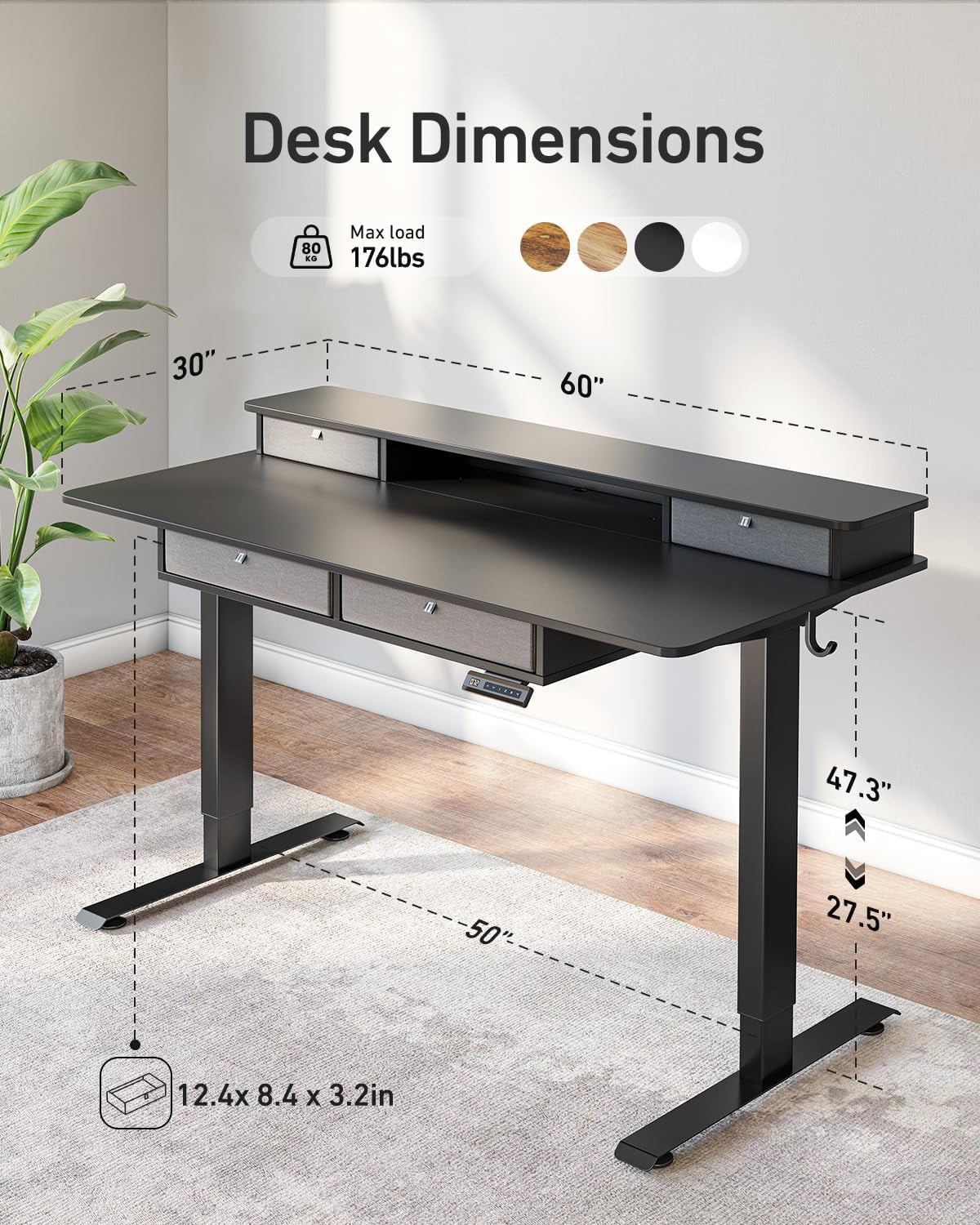63 X 24 Inch Height Adjustable Electric Standing Desk with Drawers, Stand up Table with Large Storage Shelf, Sit Stand Desk for Home Office, Black