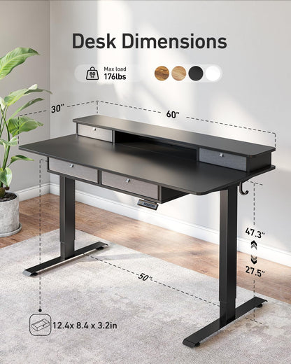63 X 24 Inch Height Adjustable Electric Standing Desk with Drawers, Stand up Table with Large Storage Shelf, Sit Stand Desk for Home Office, Black