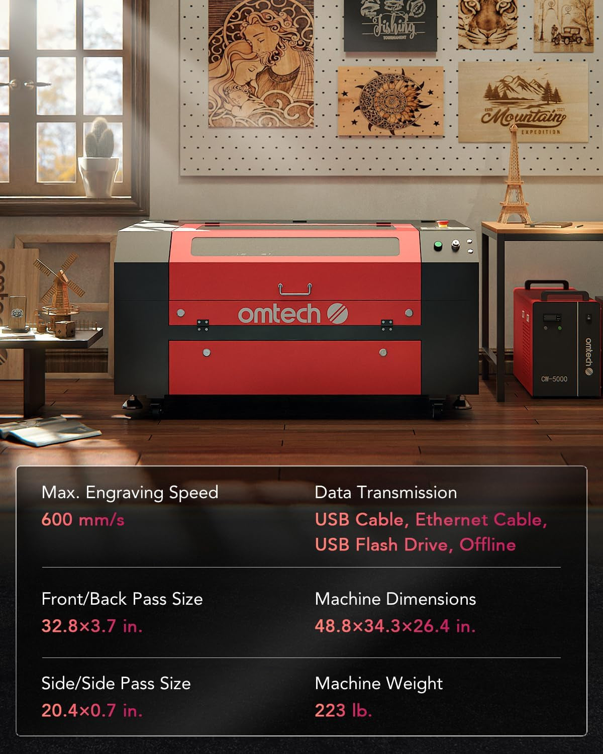 Omtech 60W CO2 Laser Engraver, 28"X20" Laser Engraving Cutting Machine with Autolift 4 Way Pass Air Assist Water Pump, Commercial Laser Engraver Cutter for Wood Glass Leather More