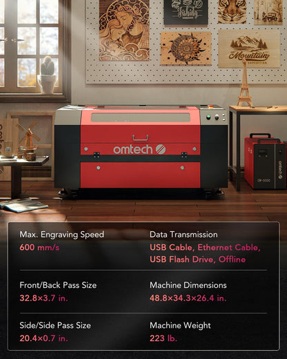 Omtech 60W CO2 Laser Engraver, 28"X20" Laser Engraving Cutting Machine with Autolift 4 Way Pass Air Assist Water Pump, Commercial Laser Engraver Cutter for Wood Glass Leather More