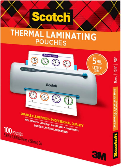 Scotch Thermal Laminating Pouches, 100 Count, Clear, 5 Mil.