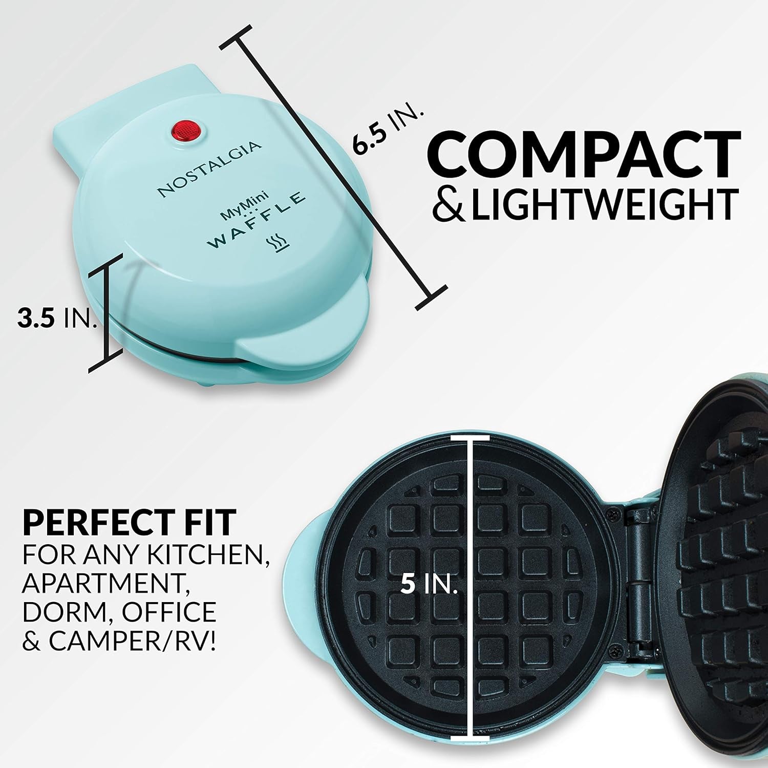 Nostalgia Mymini Personal Electric Waffle Maker, 5-Inch Cooking Surface, Waffle Iron for Hash Browns, French Toast, Grilled Cheese, Quesadilla, Brownies, Cookies, Aqua