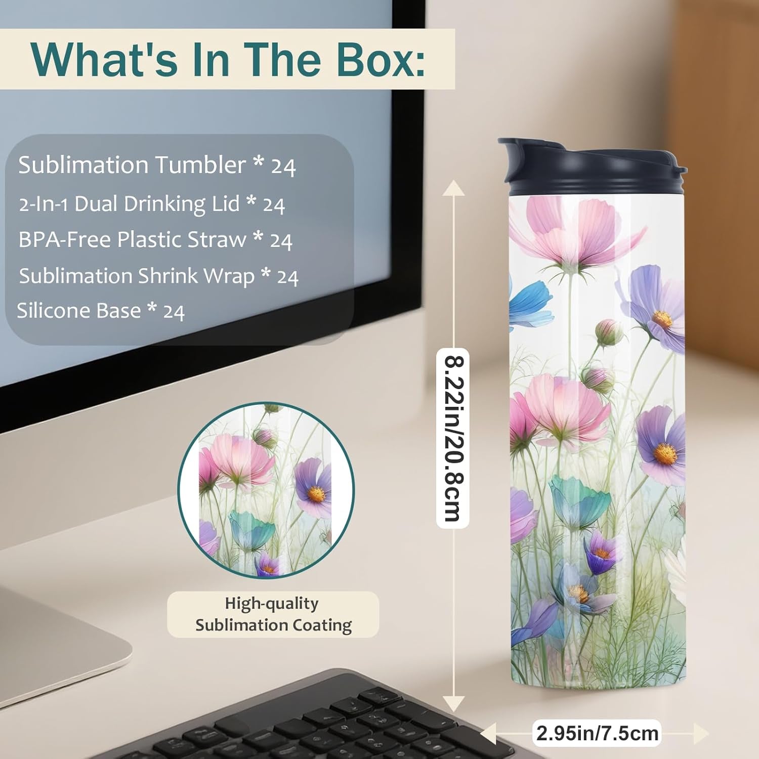 24 Pack 20 Oz Sublimation Tumbler Bulk Straight Skinny, Sublimation Water Bottle Blanks with Flip Straw Lid, Insulated Stainless Steel Dual Opening Blank Bottles Cups for Heat Transfer Diy