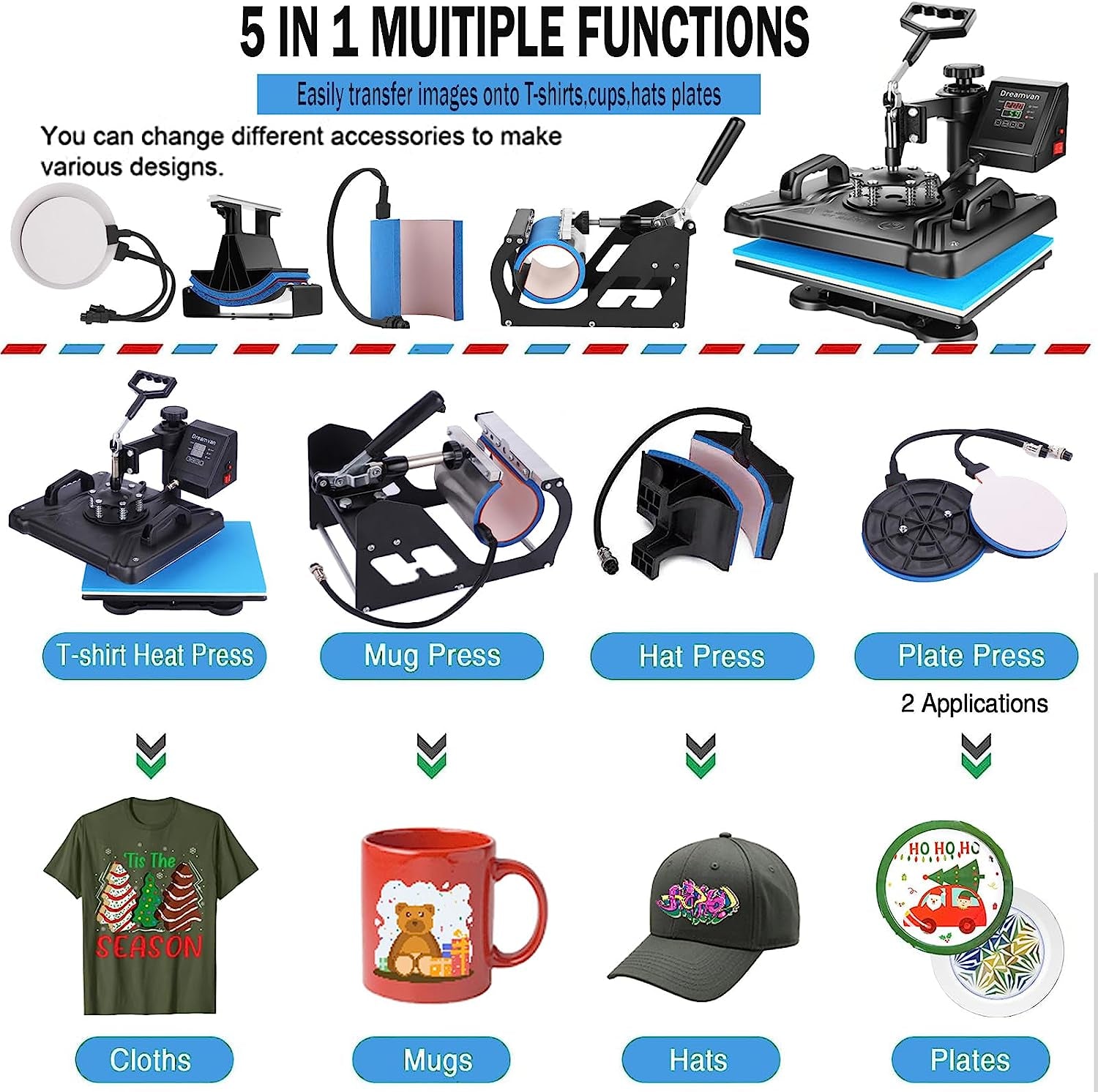 5 in 1 Heat Press Machine for T Shirts Professional Swing Away Heat Press Digital Combo 12" X 15" 360-Degree Rotation Heat Press Machines Sublimation Heat Transfer for T Shirts Mug Hat Plate