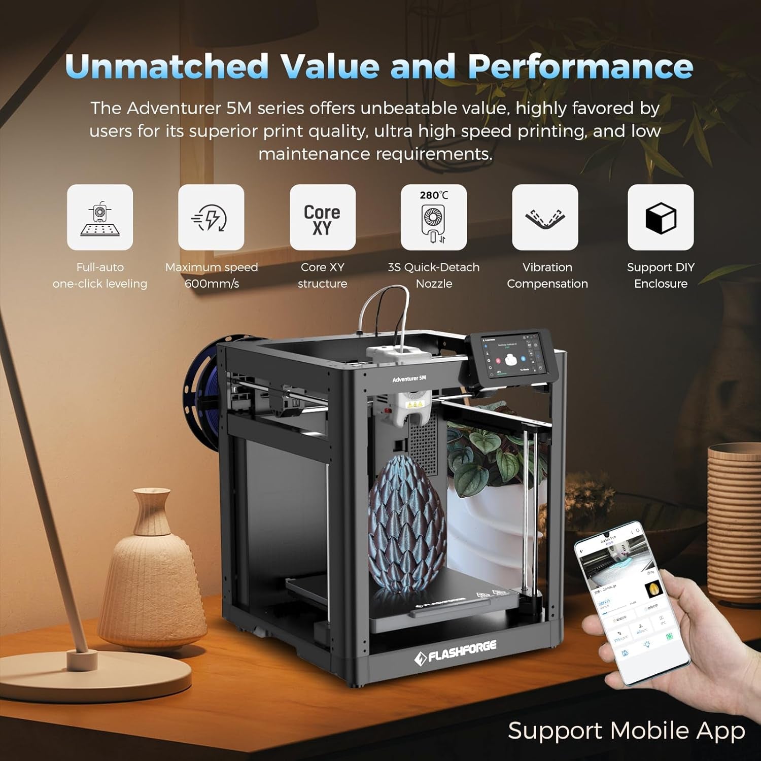 FLASHFORGE Adventurer 5M 3D Printer with Fully Auto Leveling, Max 600Mm/S High Speed Printing, 280°C Direct Extruder with 3S Detachable Nozzle, Corexy All Metal Structure, Print Size 220X220X220Mm