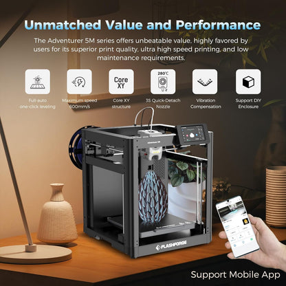 FLASHFORGE Adventurer 5M 3D Printer with Fully Auto Leveling, Max 600Mm/S High Speed Printing, 280°C Direct Extruder with 3S Detachable Nozzle, Corexy All Metal Structure, Print Size 220X220X220Mm