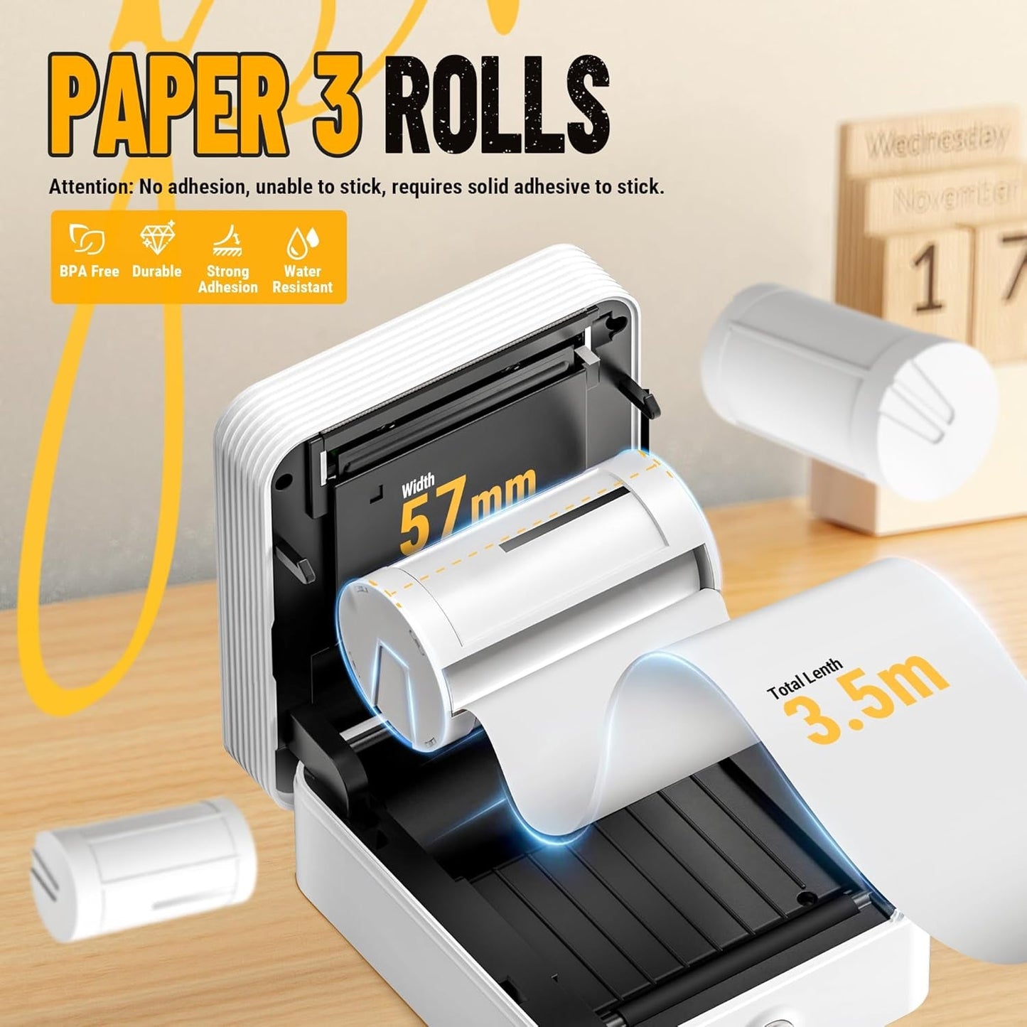 Nelko Genuine Self-Adhesive Thermal Printer Stickers, Compatible with PM230 Mini Sticker Printer, Black on White, 54Mmx3.5M Sticker Paper for Journal, Study, Photos, Note, 3 Rolls, White